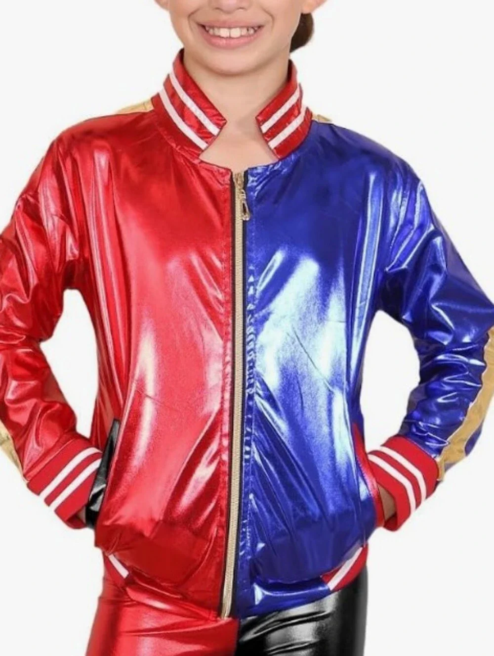 Harlequin Split-Color Metallic Satin Bomber Jacket - Red & Blue Size Medium NWOT